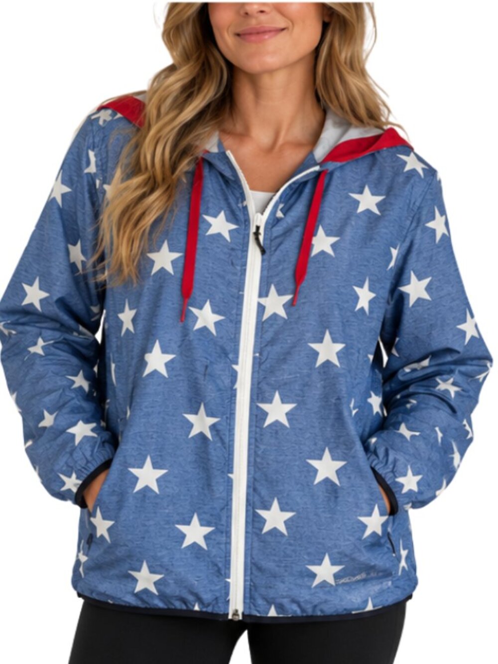 Eddie Bauer Patriotic Stars Hooded Windbreaker Jacket Blue Women's XL